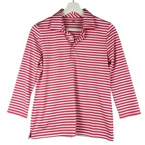RENWICK Womens Red White Stripe 3/4 Sleeve Collared Polo Shirt Golf Top